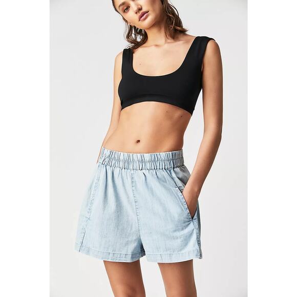 Free People We the Free Get Free Chambray Pull-On Shorts in Sand Dollar Blue - Picture 1 of 12
